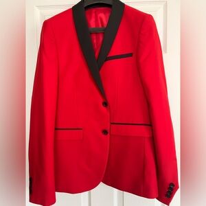 Red men’s suit jacket and vest.
